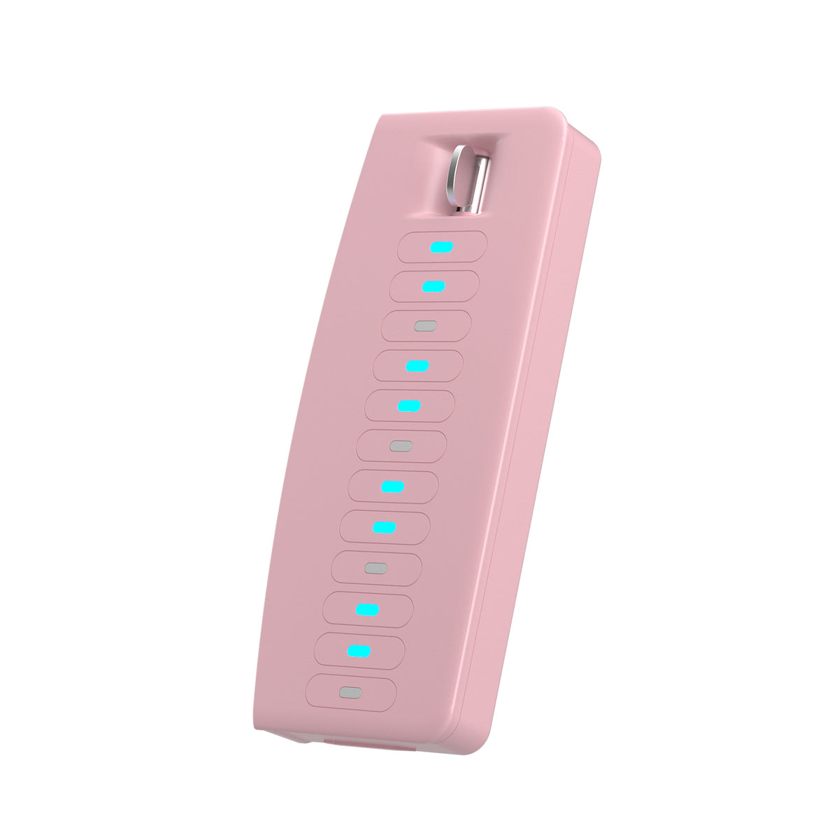A pink MIDI controller with blue light indicators.