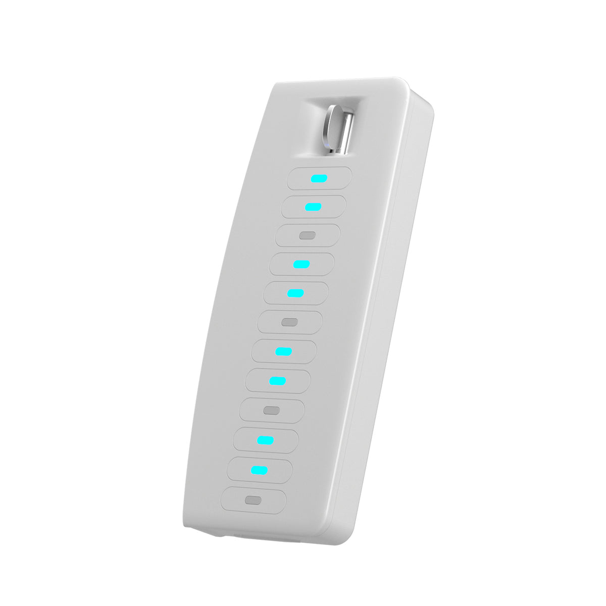 A white MIDI controller with blue light indicators.