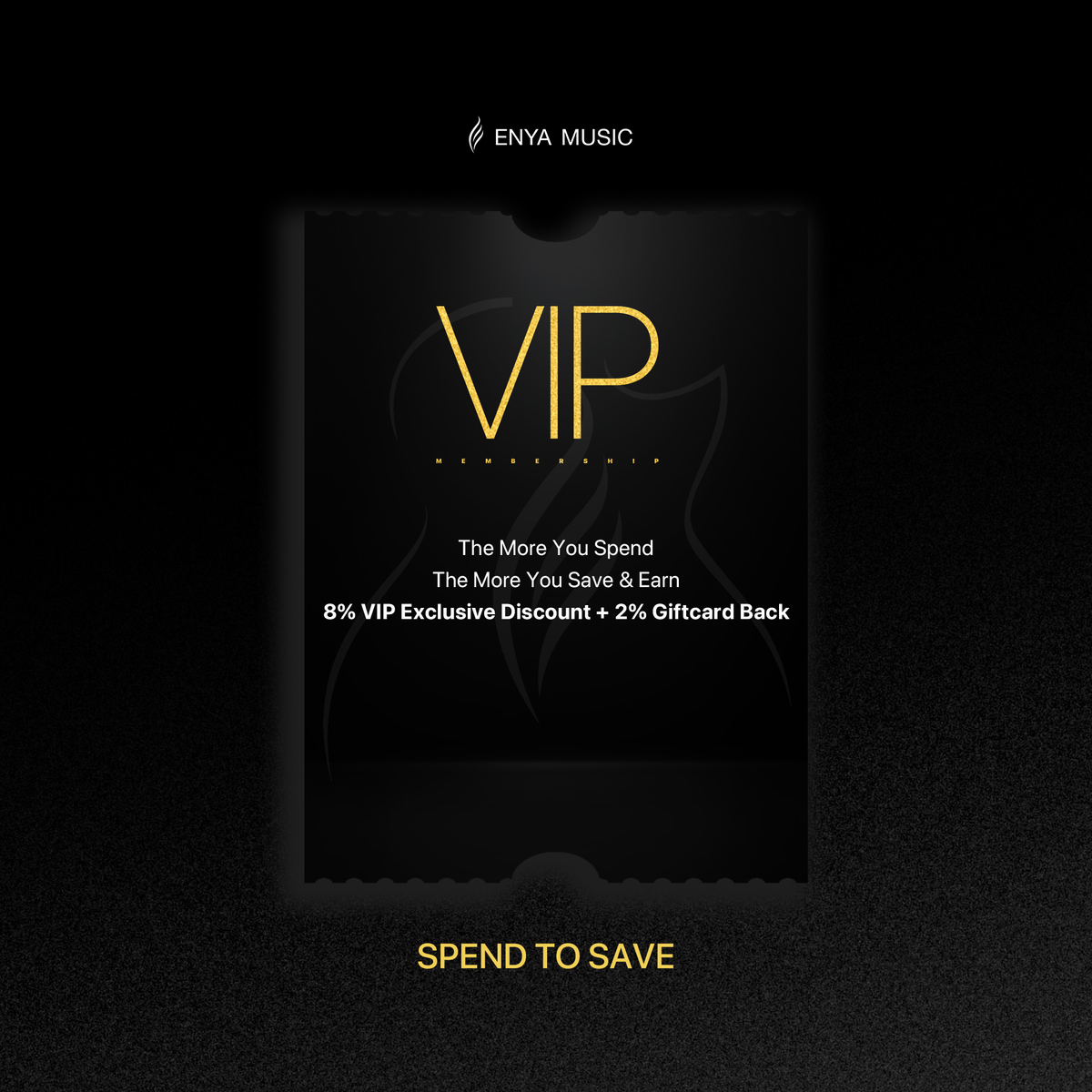 VIP membership card for Enya Music with promotional text on a black background