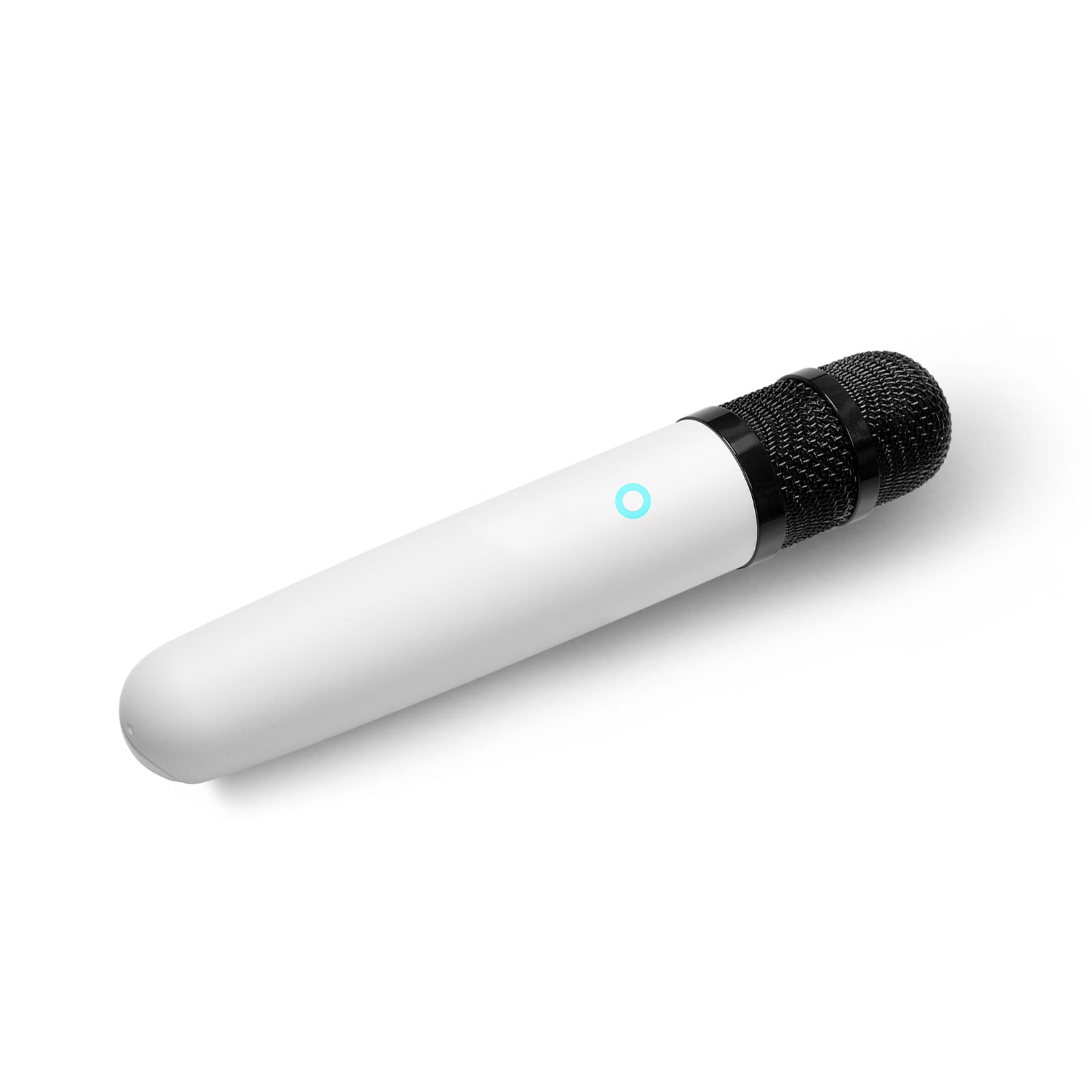 A wireless handheld microphone with a white body and black grille.