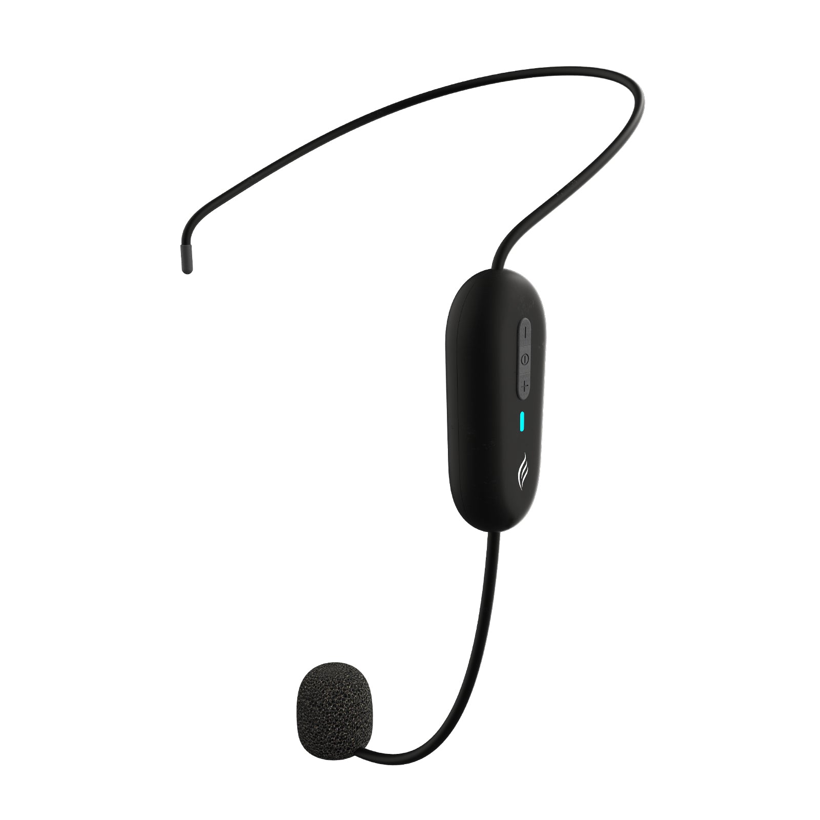 A black wireless headset microphone with a boom microphone attached to the end of the headset.