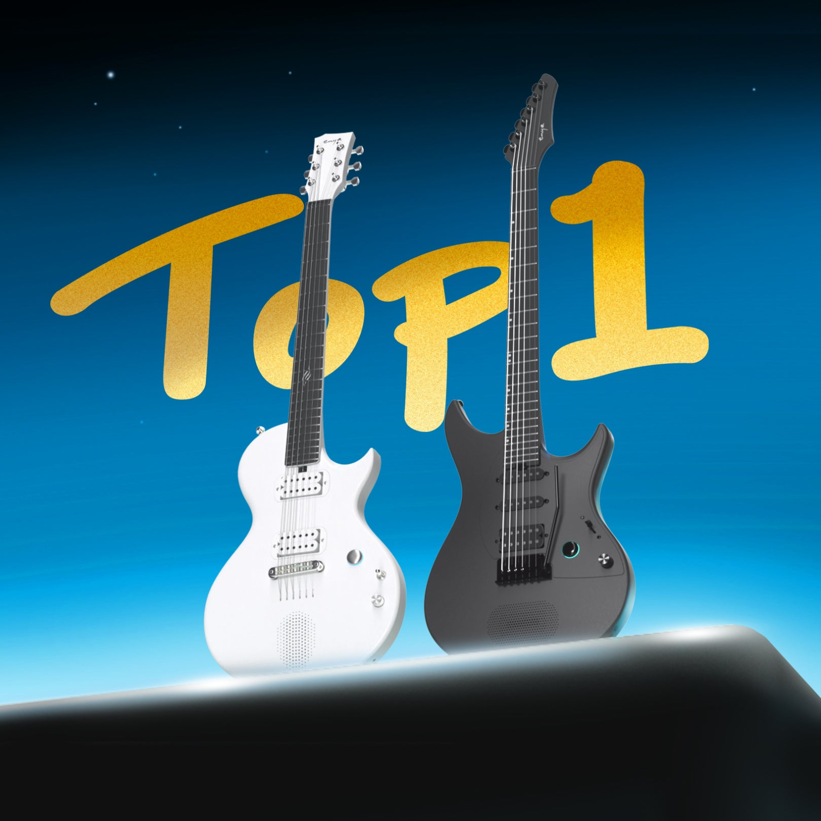 A girl playing the white Nova Go Sonic behind a man, they're happy while playing the guitar.