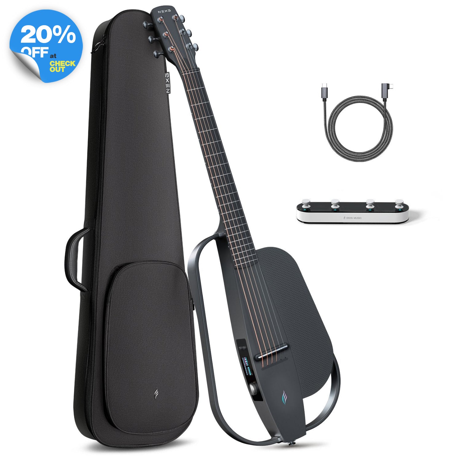 NEXG2 smart guitar bundle in black, displaying the carbon fiber guitar alongside its accessories: a gig bag, charging cable, and footswitch.