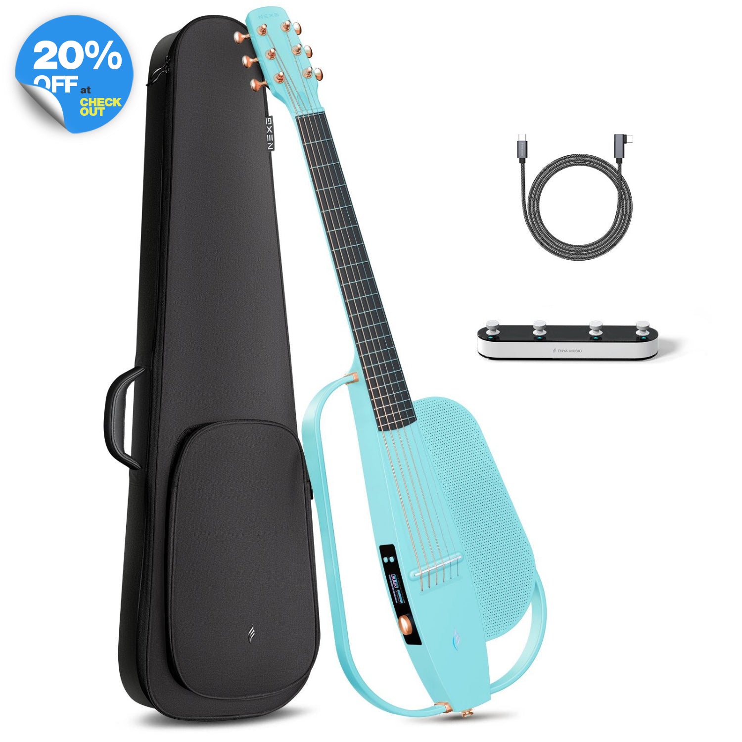 NEXG2 smart guitar bundle in blue, displaying the carbon fiber guitar alongside its accessories: a gig bag, charging cable, and footswitch.