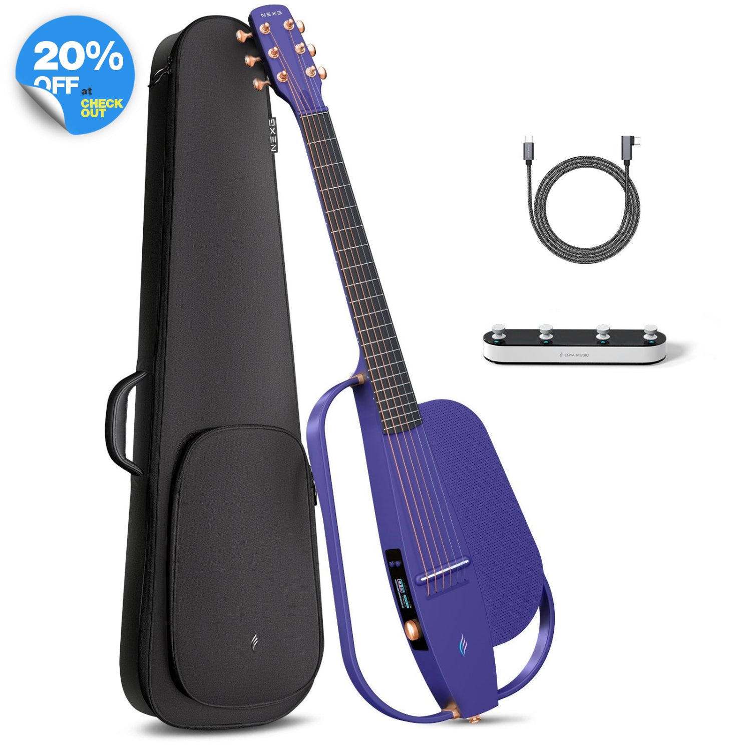 NEXG2 smart guitar bundle in purple, displaying the carbon fiber guitar alongside its accessories: a gig bag, charging cable, and footswitch.