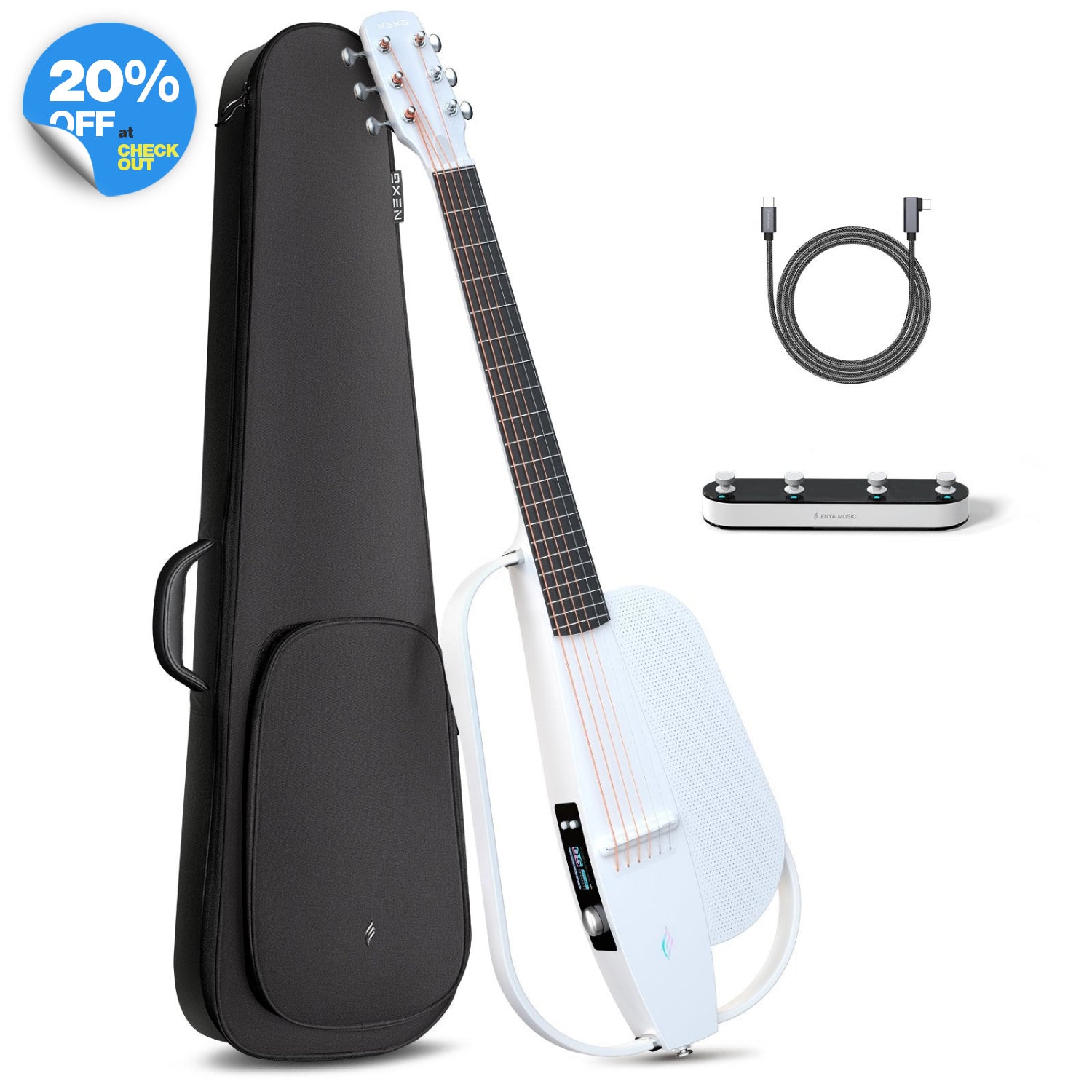 NEXG2 smart guitar bundle in white, displaying the carbon fiber guitar alongside its accessories: a gig bag, charging cable, and footswitch.