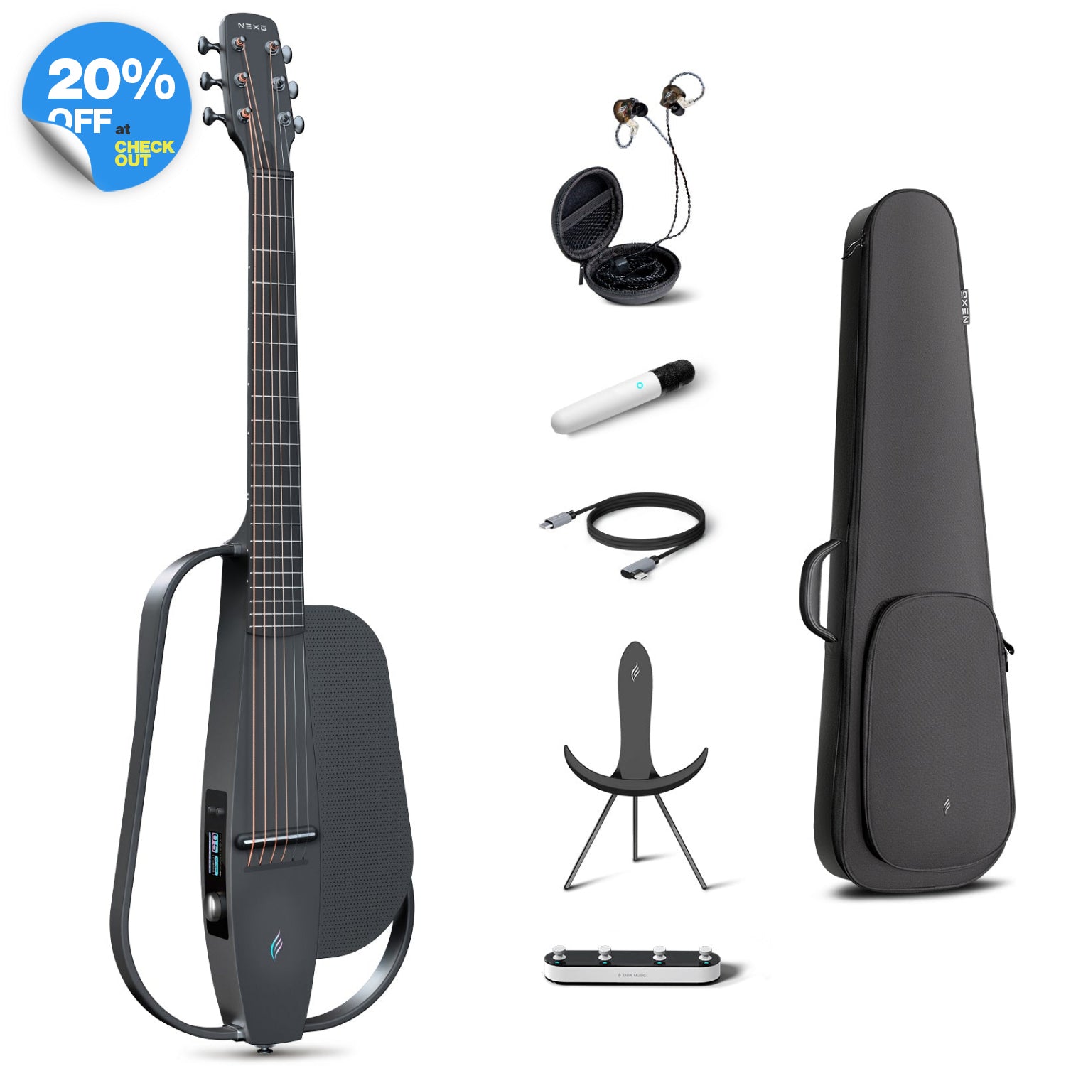 NEXG2 smart guitar bundle in black, displaying the carbon fiber guitar alongside its accessories: a gig bag, in-ear monitors, charging cable, NEXG stand, and footswitch.