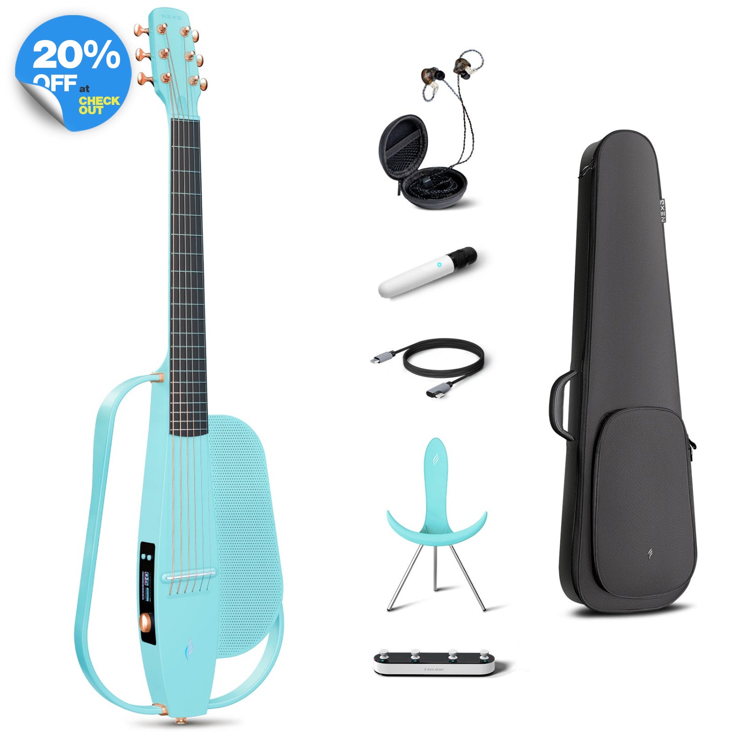 NEXG2 smart guitar bundle in blue, displaying the carbon fiber guitar alongside its accessories: a gig bag, in-ear monitors, charging cable, NEXG stand, and footswitch.
