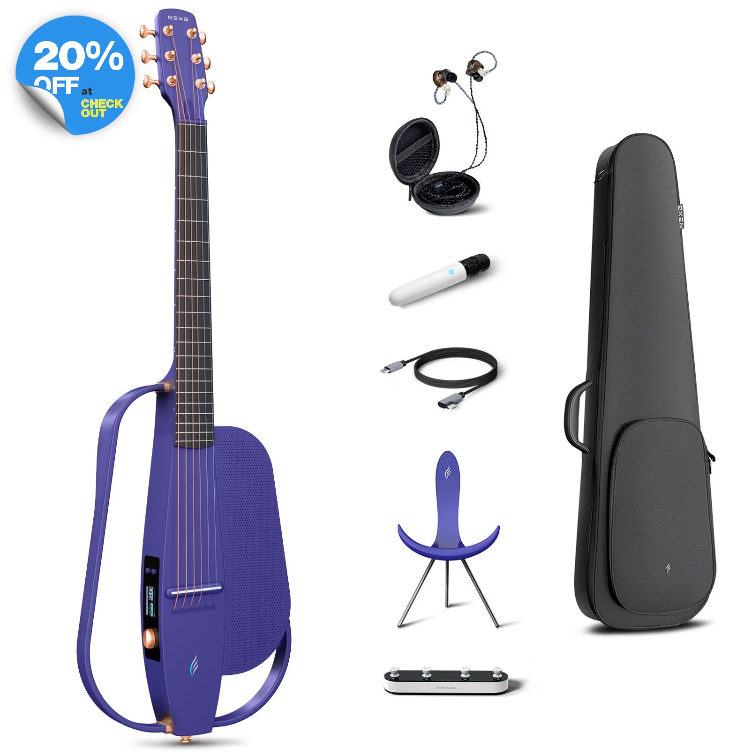 NEXG2 smart guitar bundle in purple, displaying the carbon fiber guitar alongside its accessories: a gig bag, in-ear monitors, charging cable, NEXG stand, and footswitch.