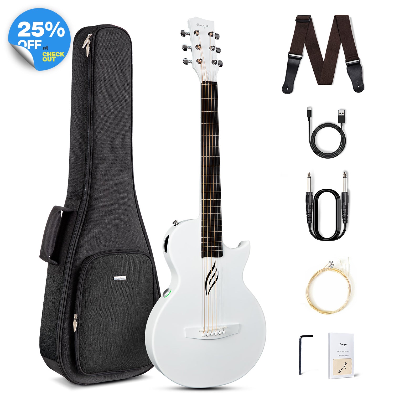 A carbon fiber travel guitar, Nova Go SP1, in white color, displayed alongside its accessories which include a gig bag, strap, guitar cable, a set of spare strings, usb charging cable, truss rod wrench, a polish cloth.