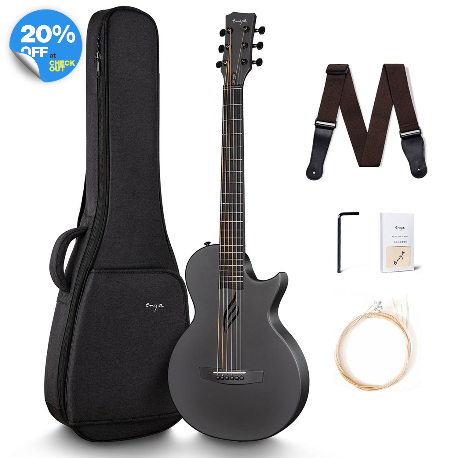 A carbon fiber acoustic guitar, Nova Go, in black color with a satin finish, displayed alongside its accessories which include a gig bag, a black guitar strap, a set of spare strings, a truss rod wrench, and a polishing cloth.
