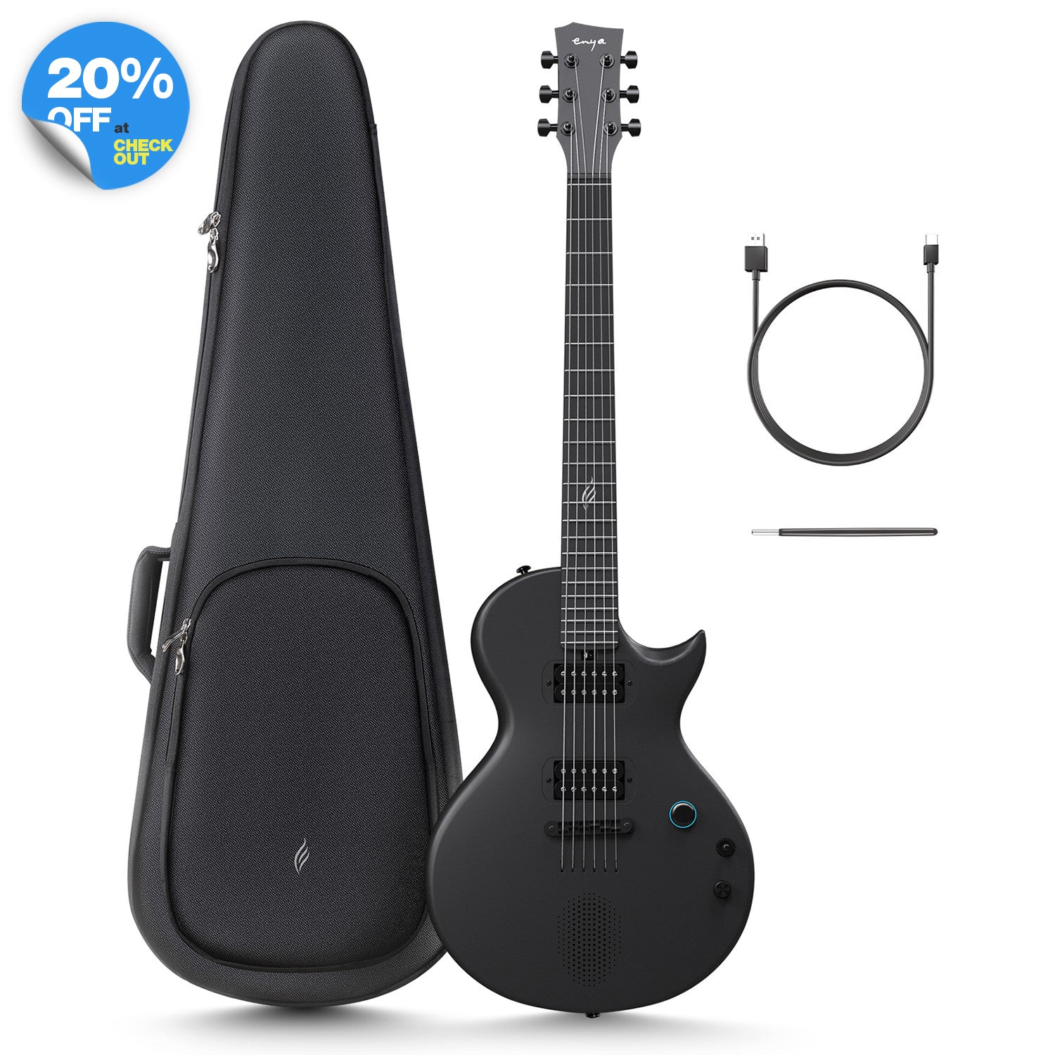 Black Enya Nova Go Sonic electric guitar with a single-cut style body, alongside a black guitar gig bag, a USB cable, and a truss rod wrench.