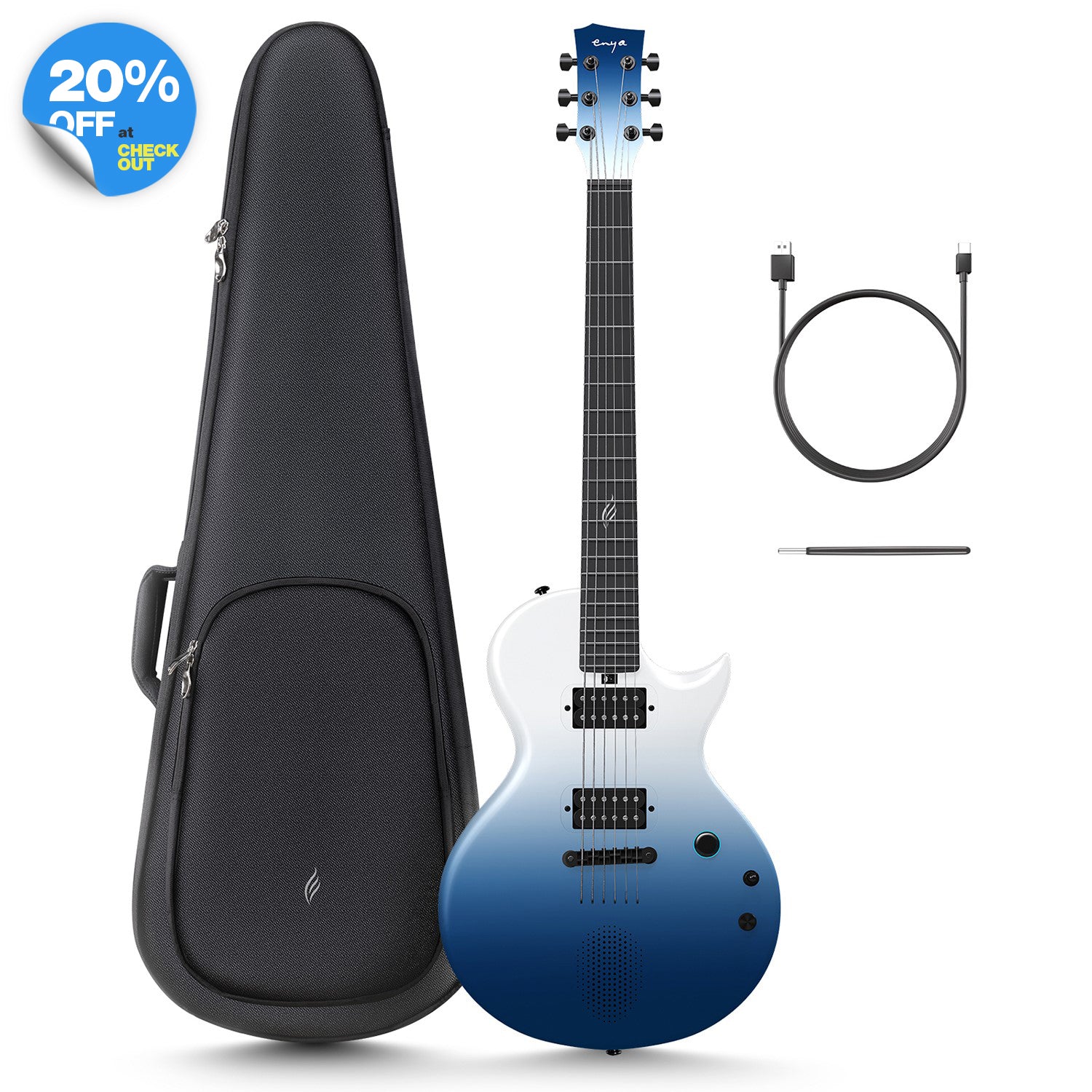 Blue Enya Nova Go Sonic electric guitar with a single-cut style body, alongside a black guitar gig bag, a USB cable, and a truss rod wrench.