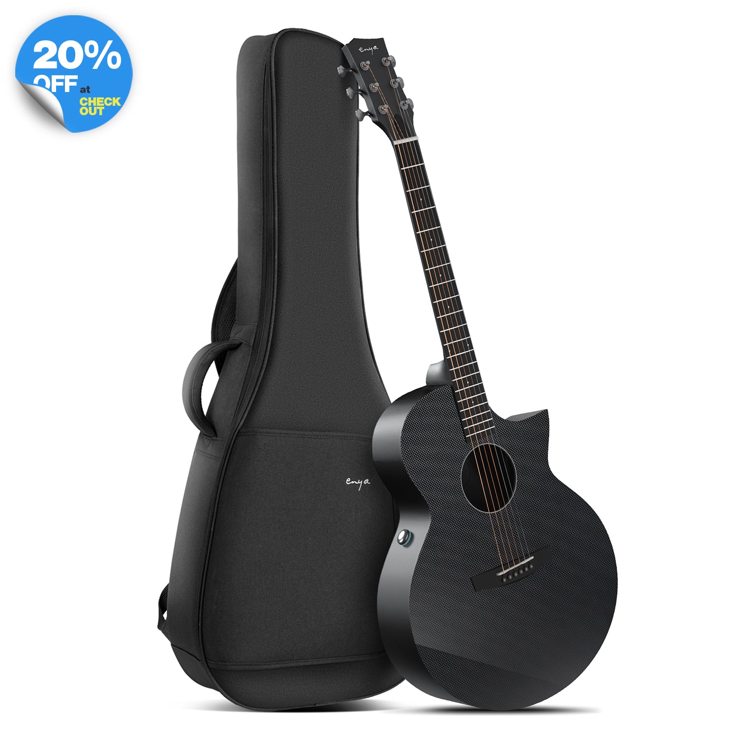 A black electric-acoustic guitar, Enya X3 Pro, with a guitar gig bag.