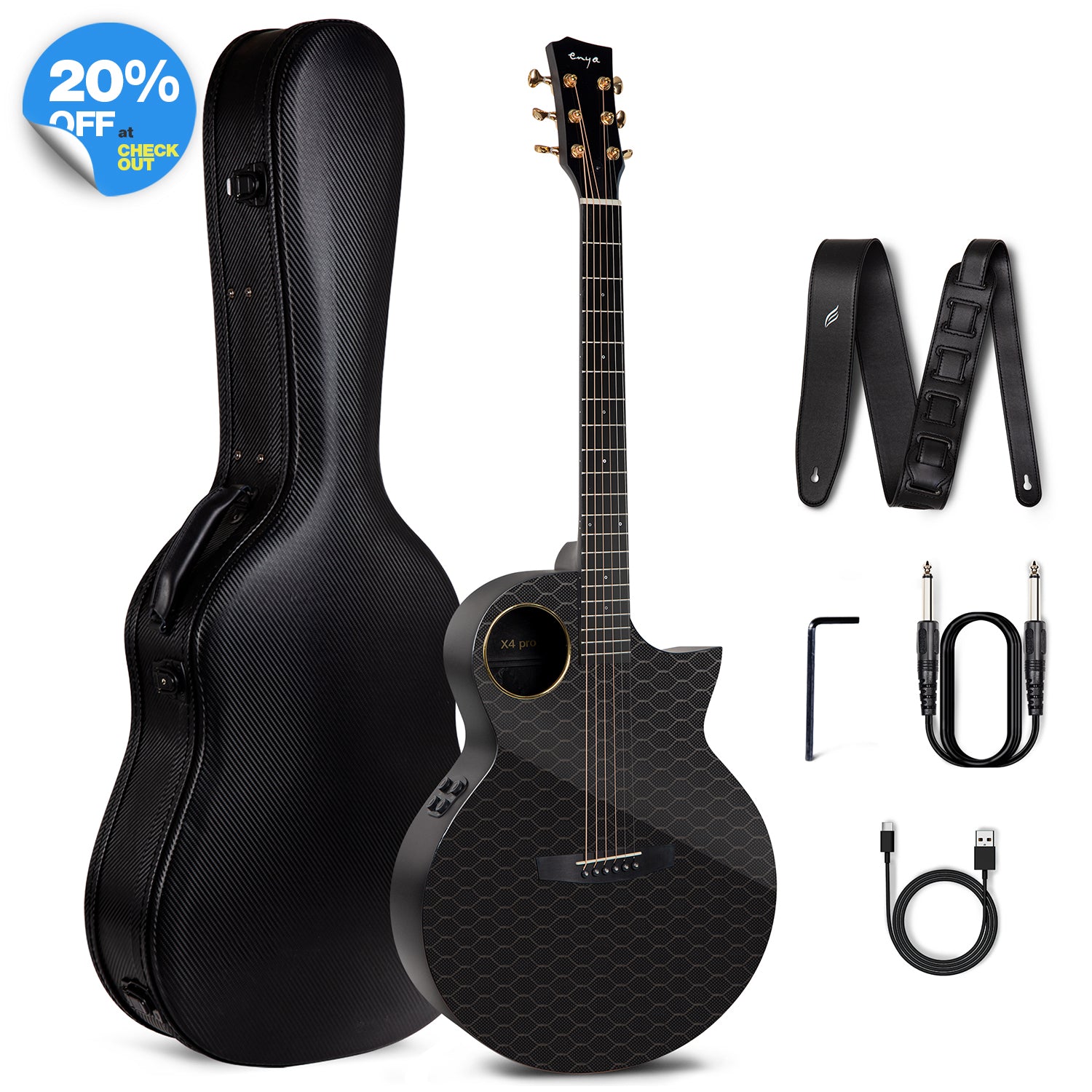A black acoustic guitar, Enya X4 Pro, displayed alongside a hardshell case, a strap, cables, and truss rod wrench.