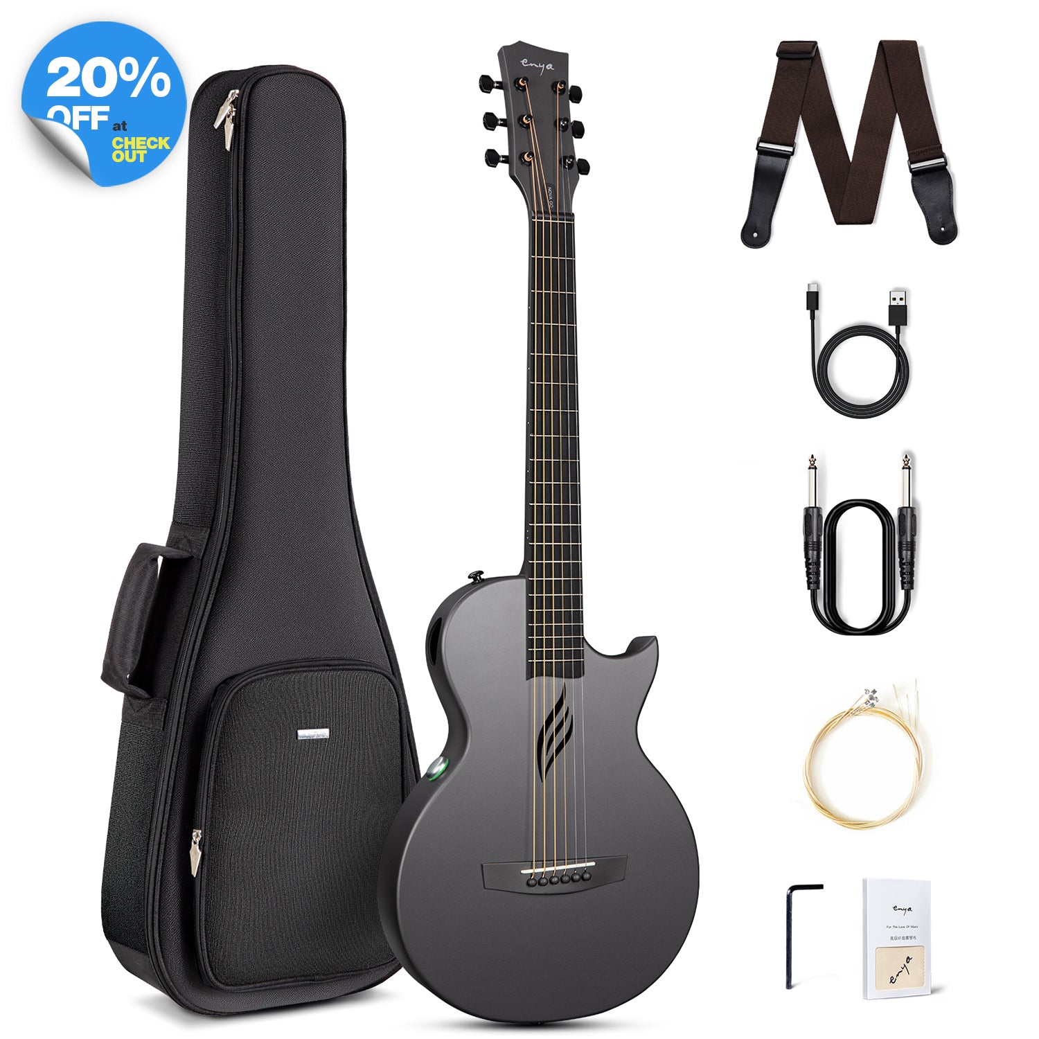 A carbon fiber travel guitar, Nova Go SP1, in black color, displayed alongside its accessories which include a gig bag, strap, guitar cable, a set of spare strings, usb charging cable, truss rod wrench, a polish cloth.