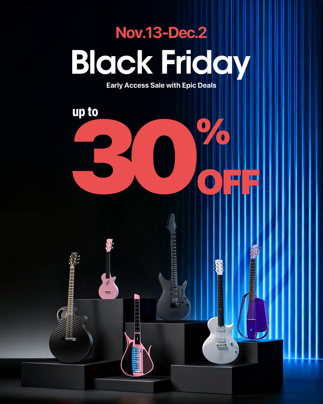 Black Friday sale advertisement with guitars on display against a black and blue background