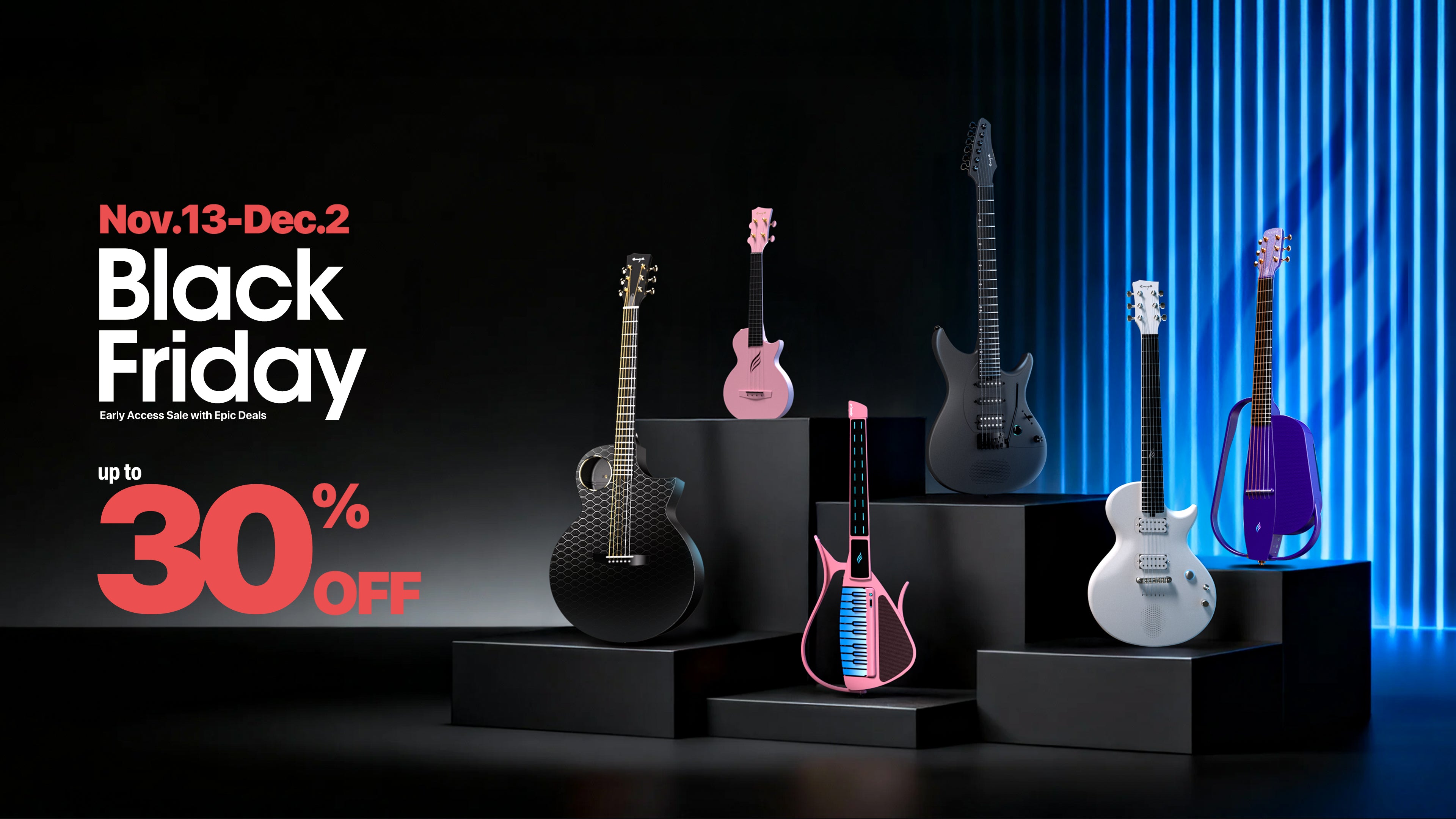 Black Friday sale advertisement with electronic guitars on display against a dark background with blue lights.
