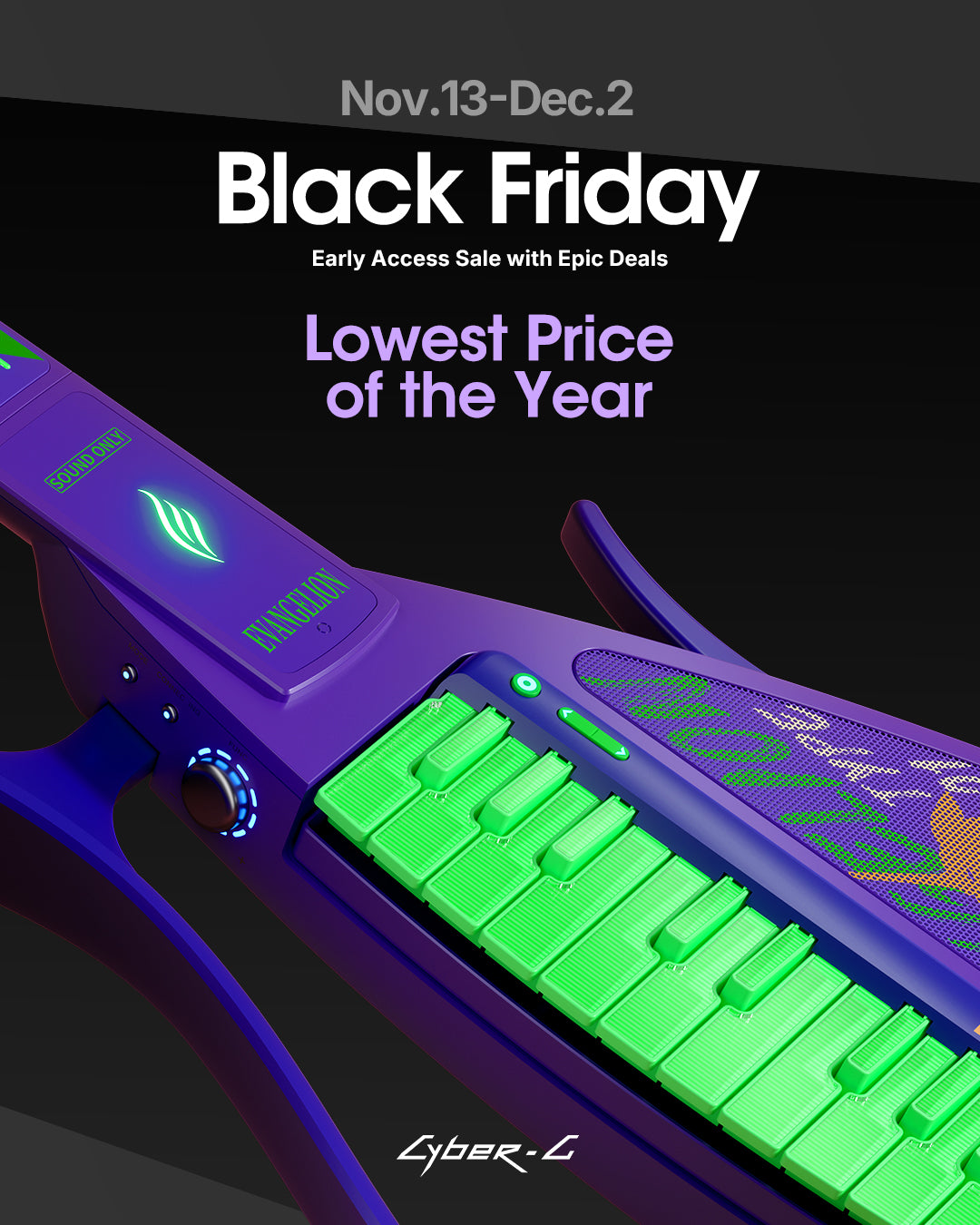 Electronic keytar with green keys and purple body on a black background, promoting a Black Friday sale.
