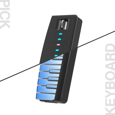 Portable black keyboard with blue keys on white a background