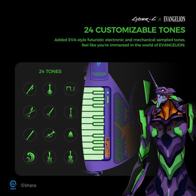 Electronic device with customizable tones next to a character from 'Evangelion' on a dark background