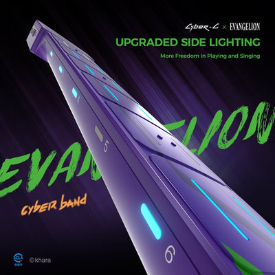Smartphone with upgraded side lighting on a dark background with 'Evangelion' branding.