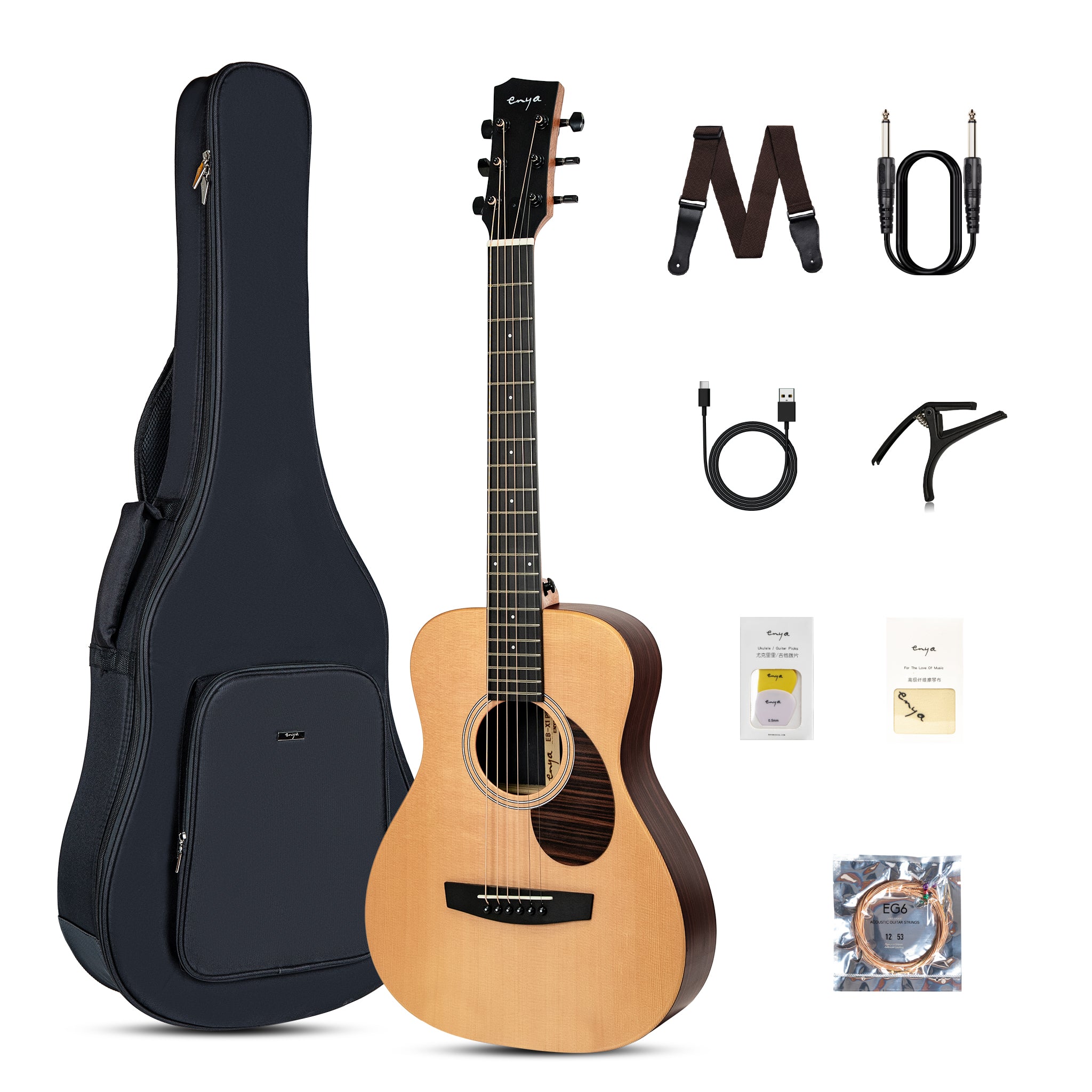 Acoustic guitar with a natural wood finish accompanied by a black guitar bag, a black strap, a black cable, a capo, and a pack of guitar picks.