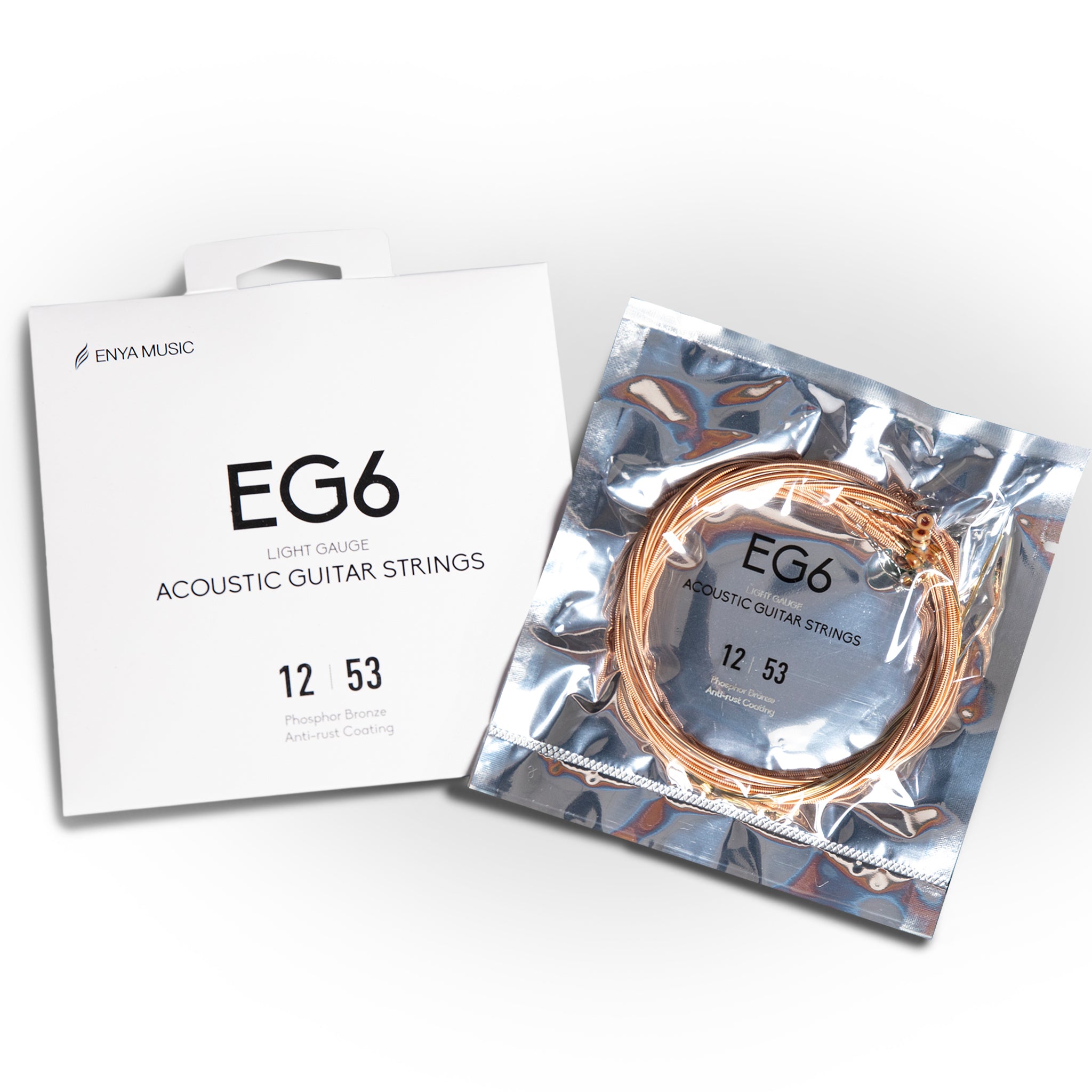 A pack of Enya Music acoustic guitar strings, model EG6, displayed alongside its packaging.