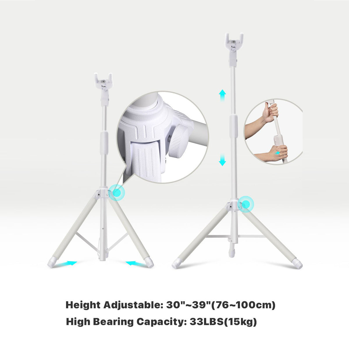 Adjustable stand with height and bearing capacity details on a white background