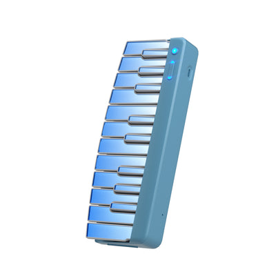 A blue keyboard module with multiple keys, illuminated with blue lights, and a power indicator light visible at the top.