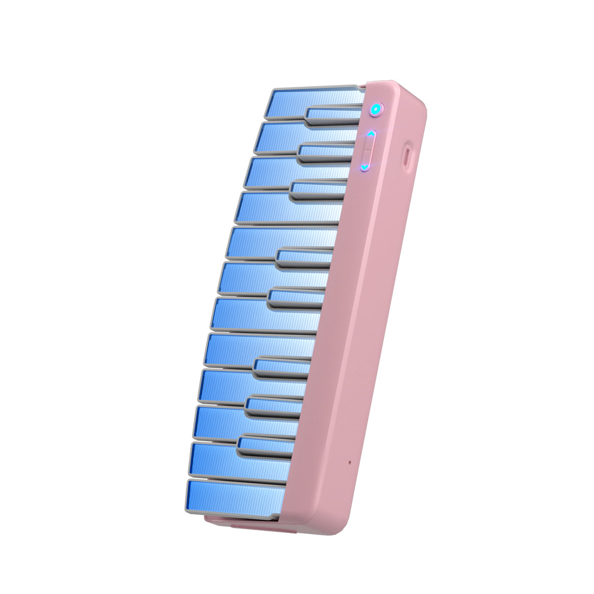 A pink and blue keyboard module with multiple keys, illuminated with blue lights, and a power indicator light visible at the top.