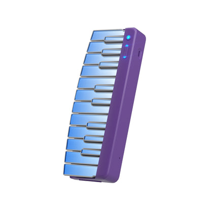 A purple and blue keyboard module with multiple keys, illuminated with blue lights, and a power indicator light visible at the top.