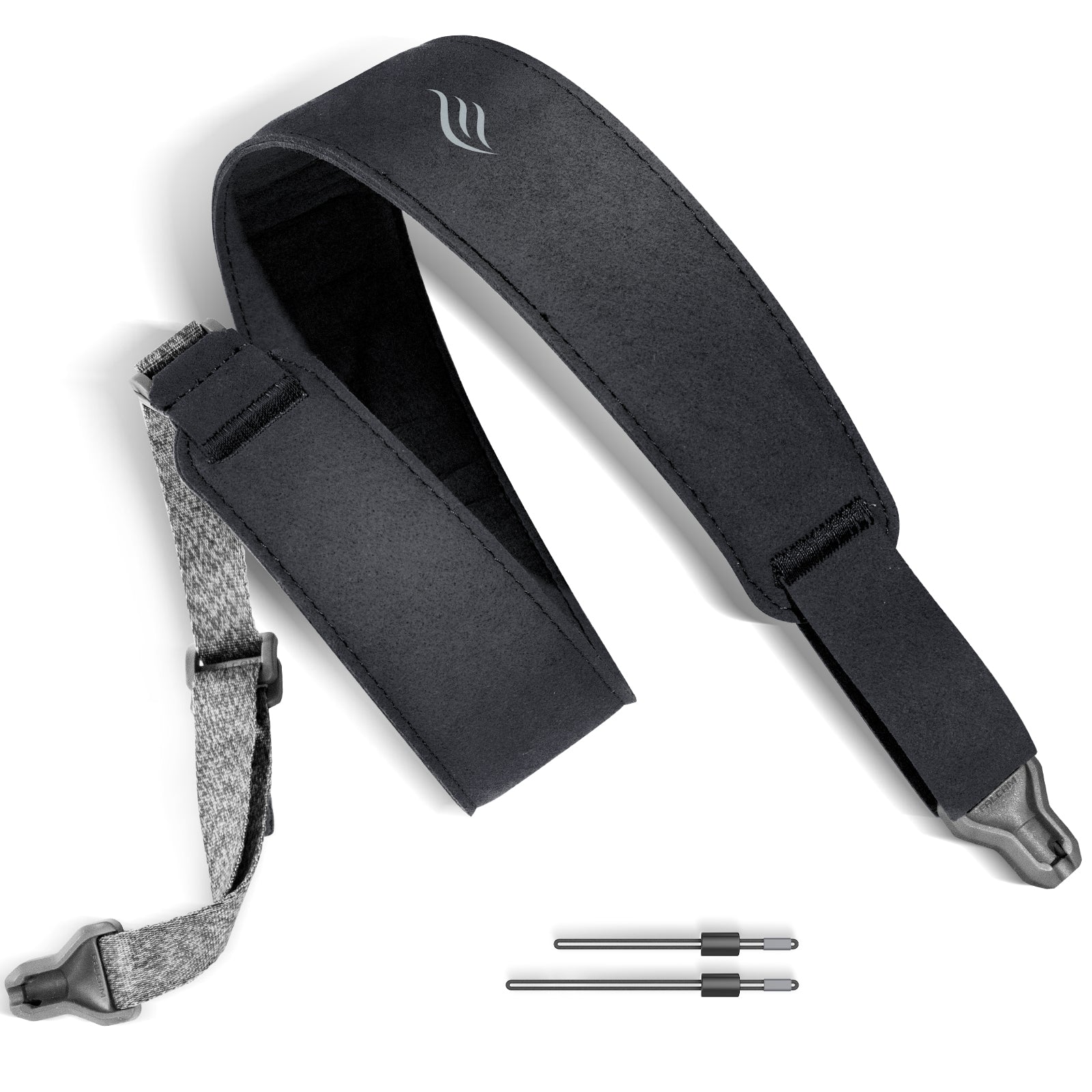A black guitar strap with a gray accent, featuring a logo on the strap and additional strap components displayed below.
