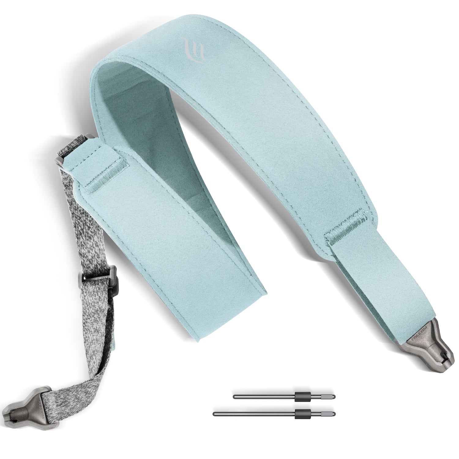 Light blue guitar strap with metal hardware on a white background
