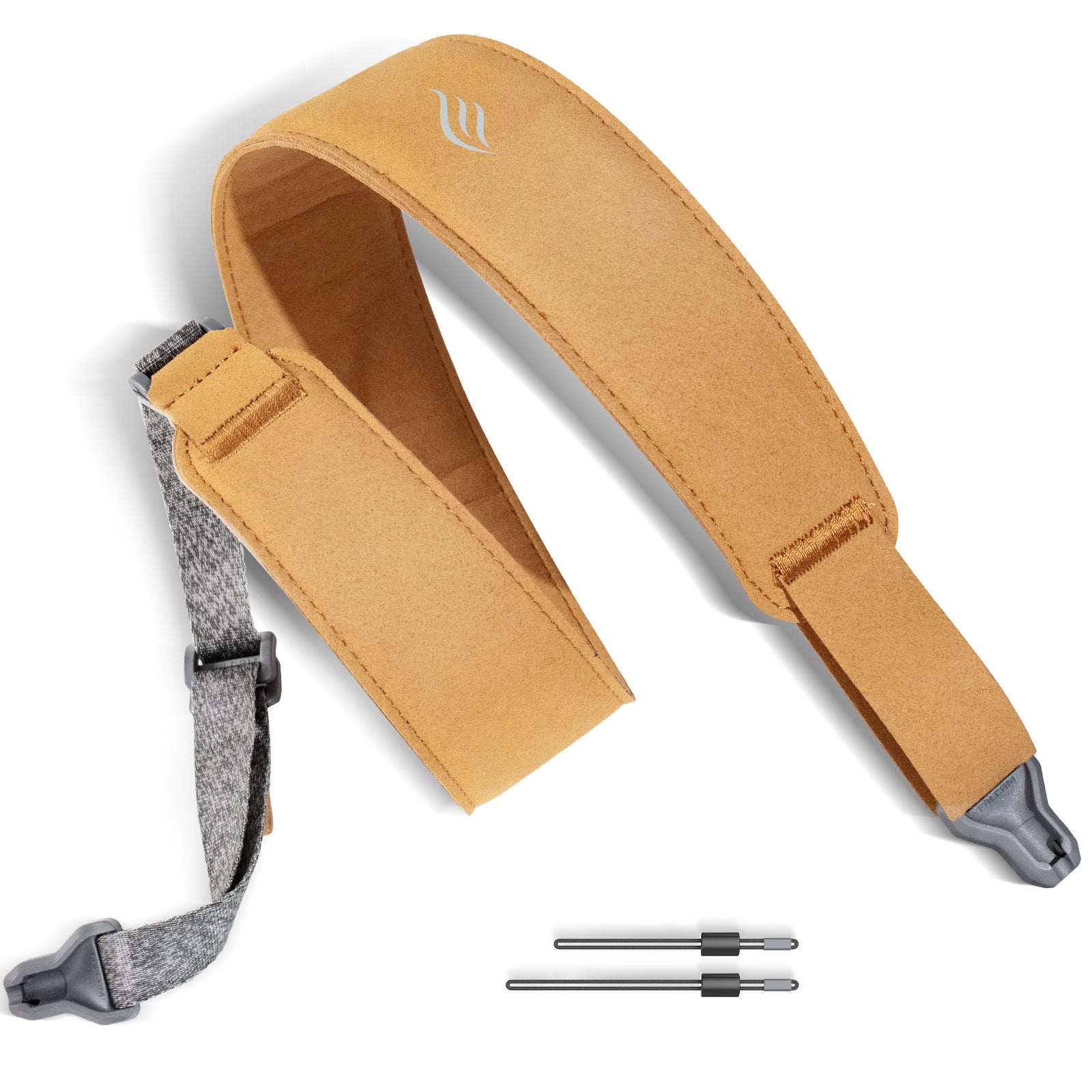 A yellow guitar strap with a gray accent, featuring a logo on the strap and additional strap components displayed below.