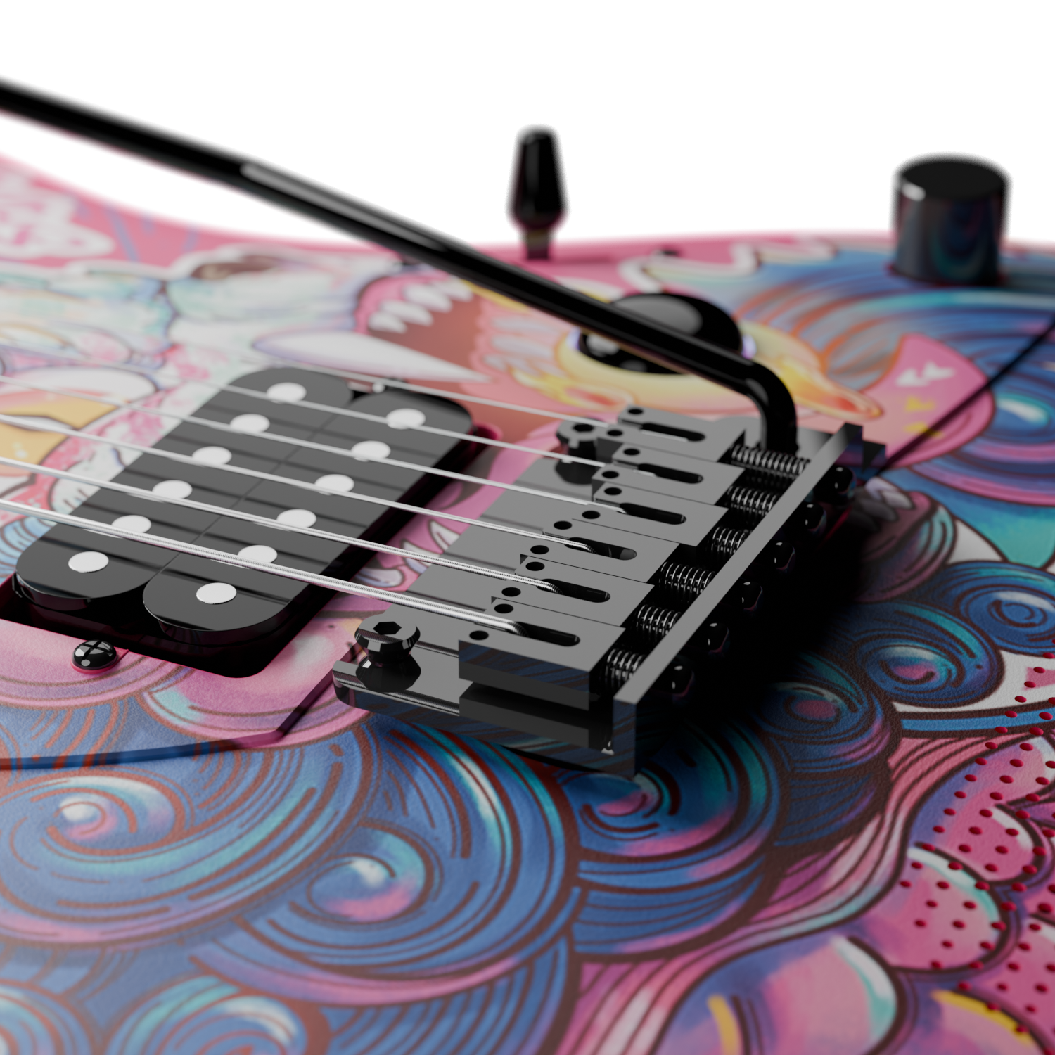 The modern 2-point tremolo system bridge on the Enya Inspire guitar.