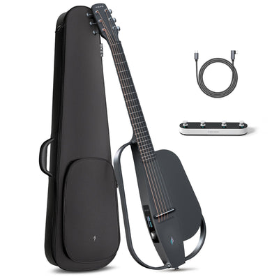 NEXG2 smart guitar bundle in black, displaying the carbon fiber guitar alongside its accessories: a gig bag, charging cable, and footswitch.