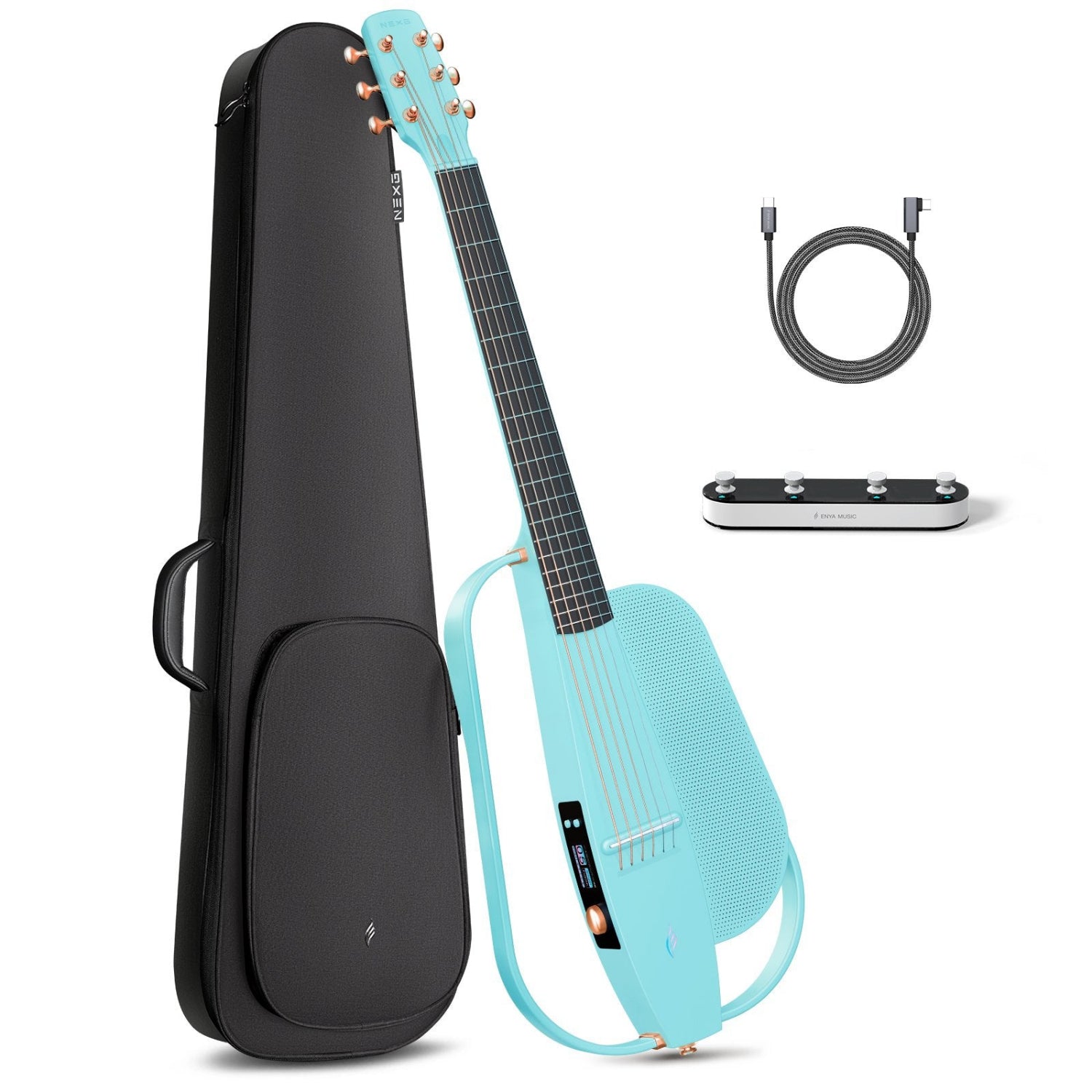NEXG2 smart guitar bundle in blue, displaying the carbon fiber guitar alongside its accessories: a gig bag, charging cable, and footswitch.