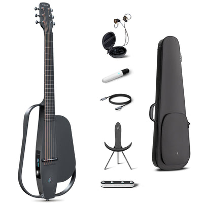 Enya NEXG2 smart guitar bundle in black, displaying the carbon fiber guitar alongside its accessories: a gig bag, in-ear monitors, charging cable, NEXG stand, and footswitch.