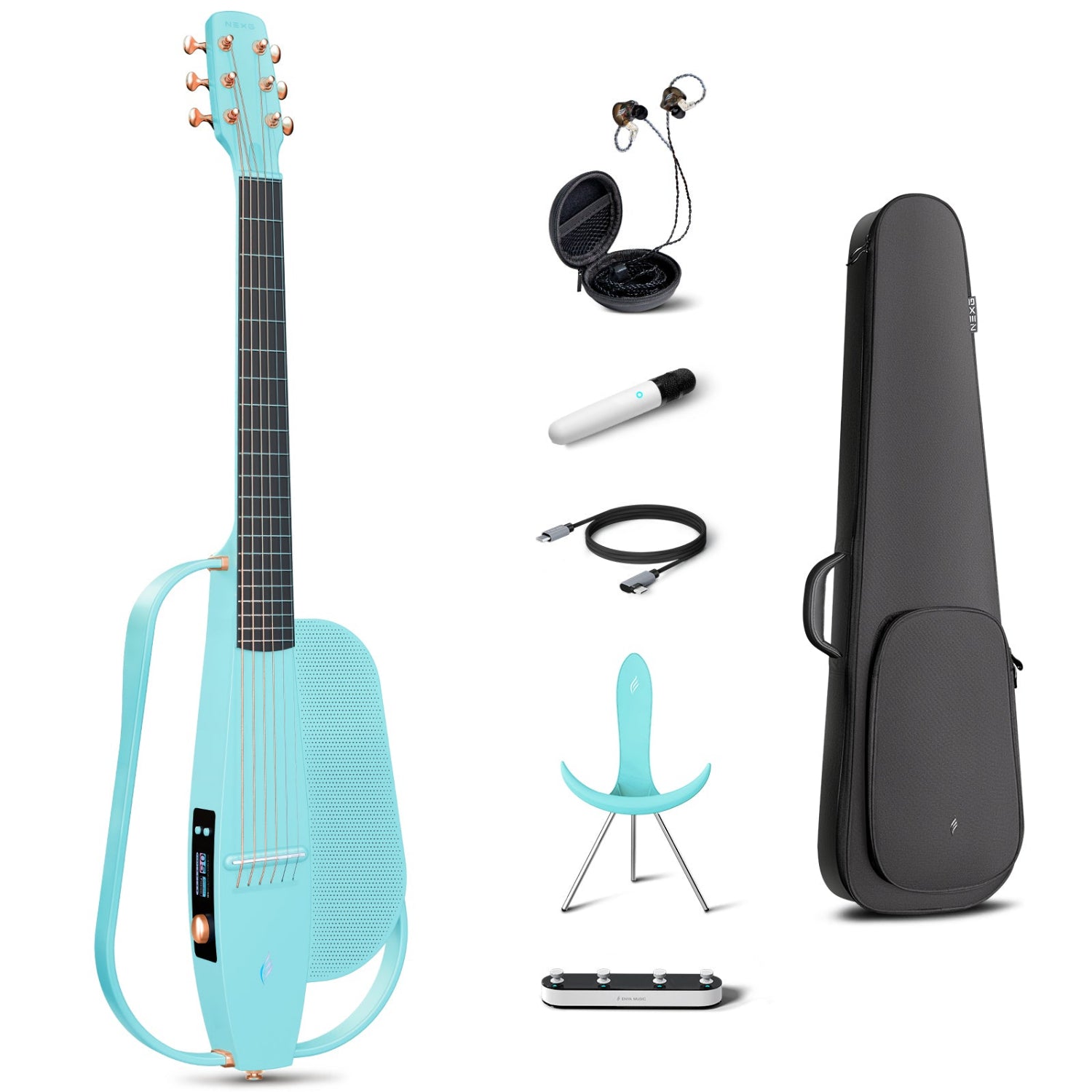 NEXG2 smart guitar bundle in blue, displaying the carbon fiber guitar alongside its accessories: a gig bag, in-ear monitors, charging cable, NEXG stand, and footswitch.