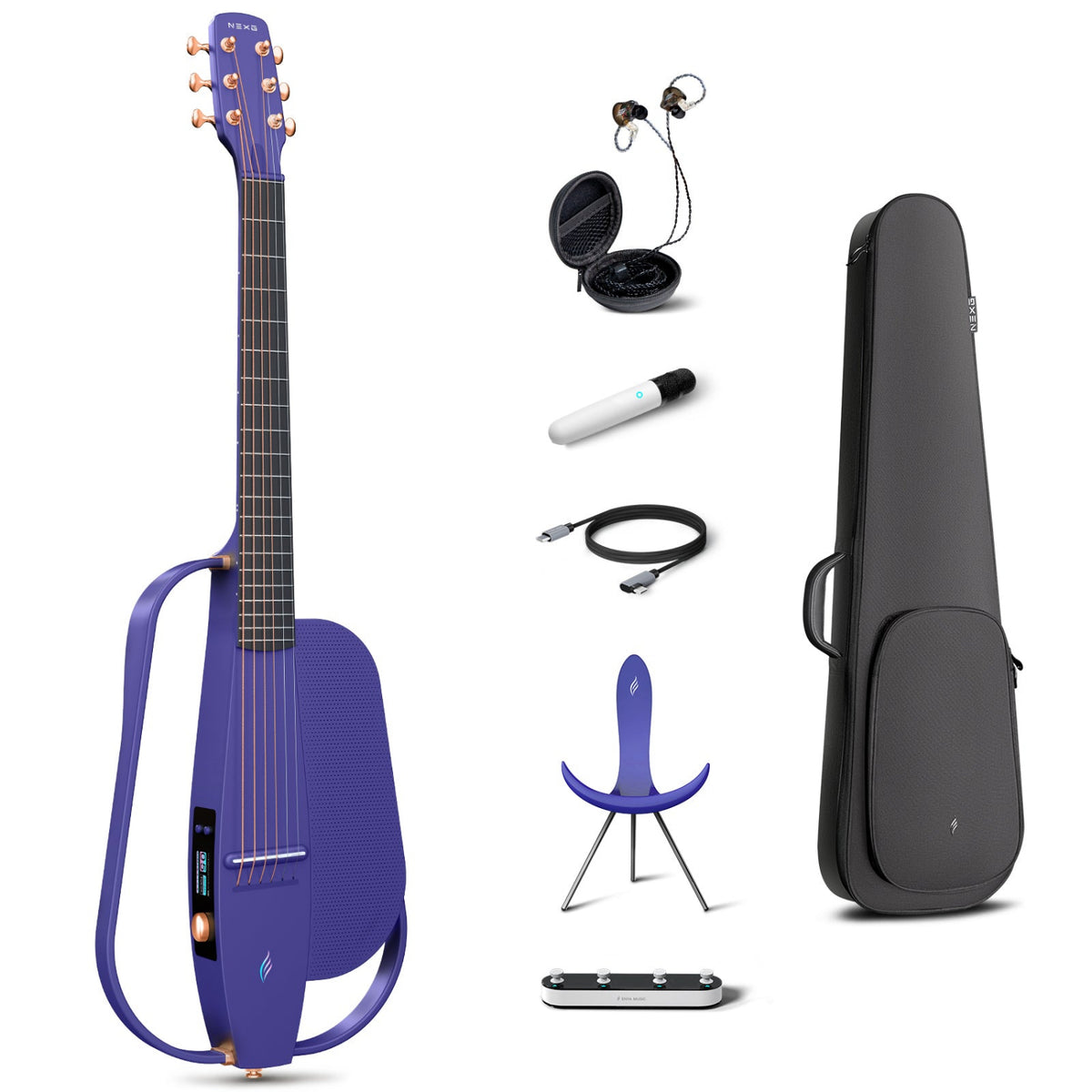 NEXG2 smart guitar bundle in purple, displaying the carbon fiber guitar alongside its accessories: a gig bag, in-ear monitors, charging cable, NEXG stand, and footswitch.