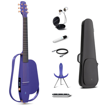 NEXG2 smart guitar bundle in purple, displaying the carbon fiber guitar alongside its accessories: a gig bag, in-ear monitors, charging cable, NEXG stand, and footswitch.