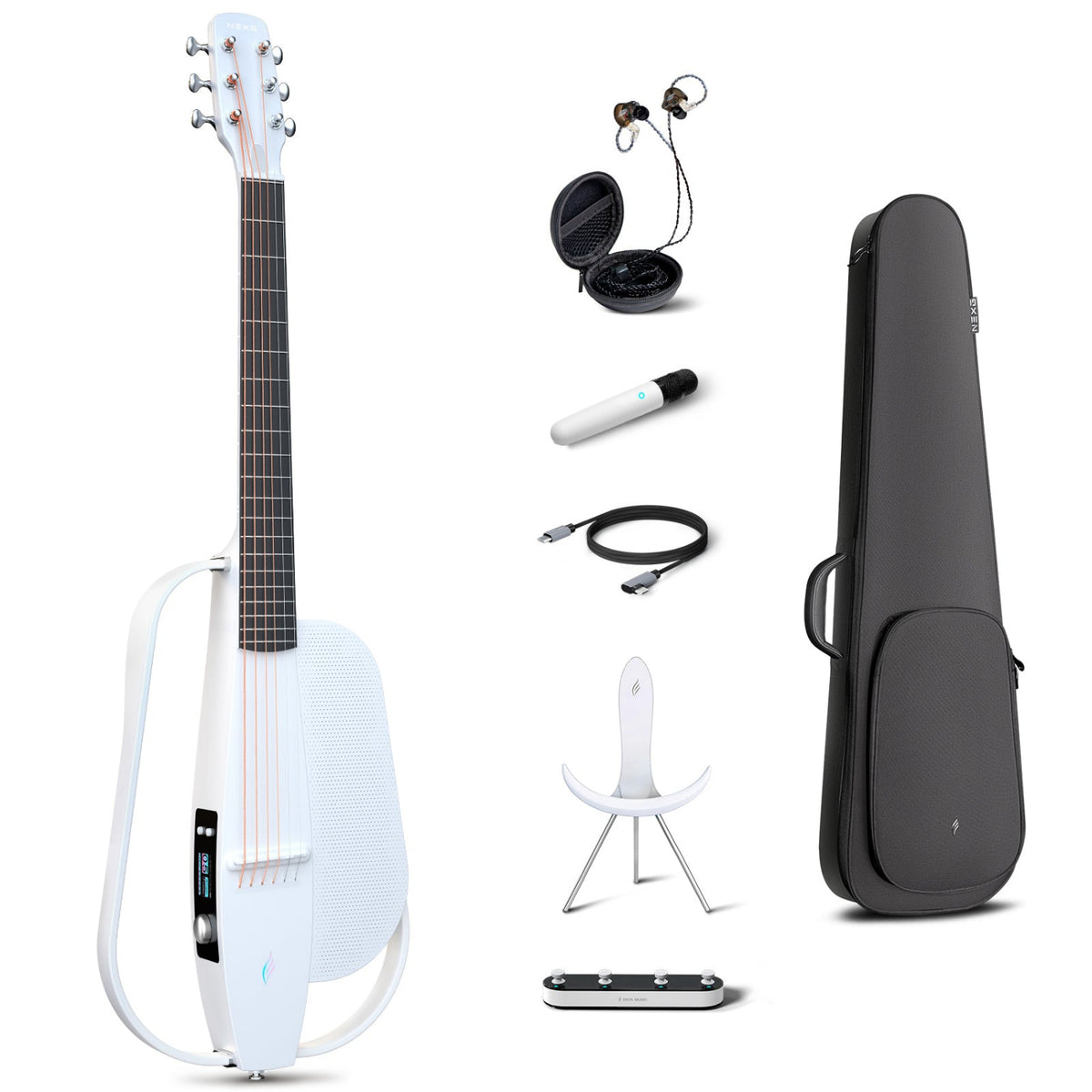 NEXG2 smart guitar bundle in white, displaying the carbon fiber guitar alongside its accessories: a gig bag, in-ear monitors, charging cable, NEXG stand, and footswitch.