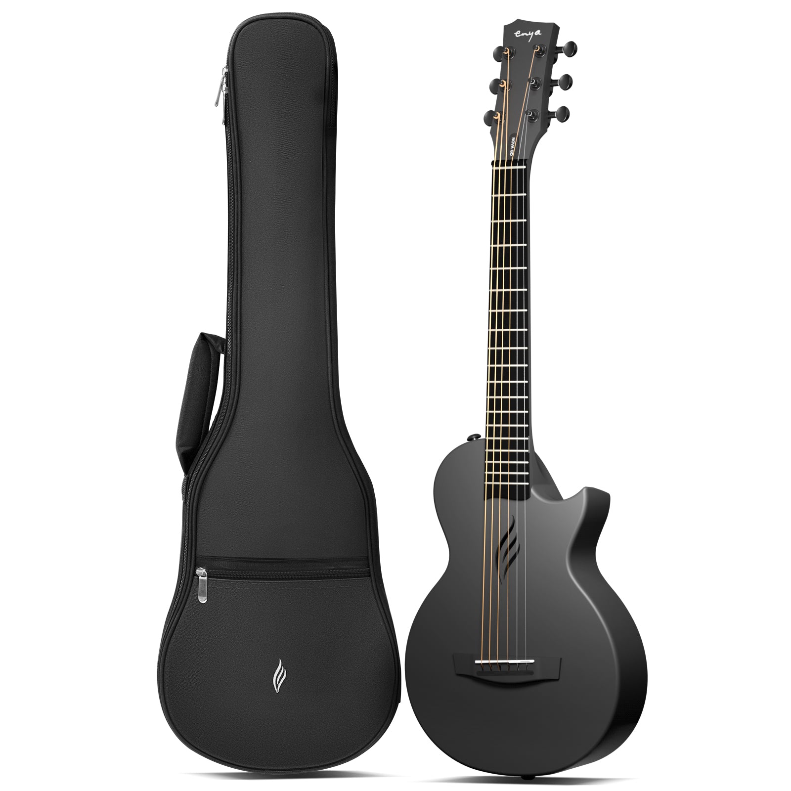 An ultra-lightweight and compact travel guitar, the Nova Go Mini, with a black satin finish and black diecast tuning machines, displayed alongside its black gig bag.