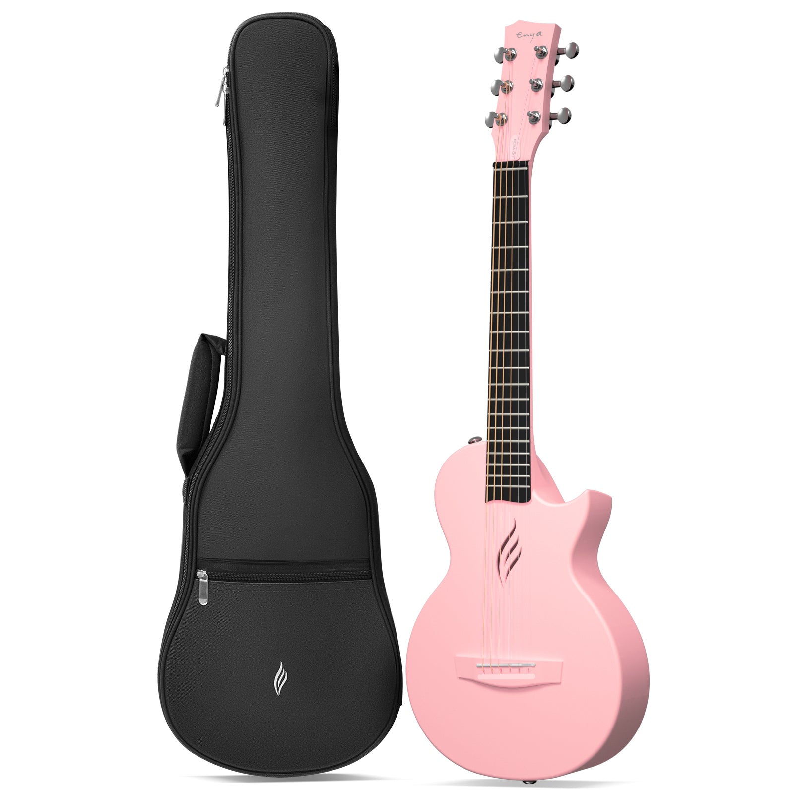 An ultra-lightweight and compact travel guitar, the Nova Go Mini, with a pink satin finish and black diecast tuning machines, displayed alongside its black gig bag.