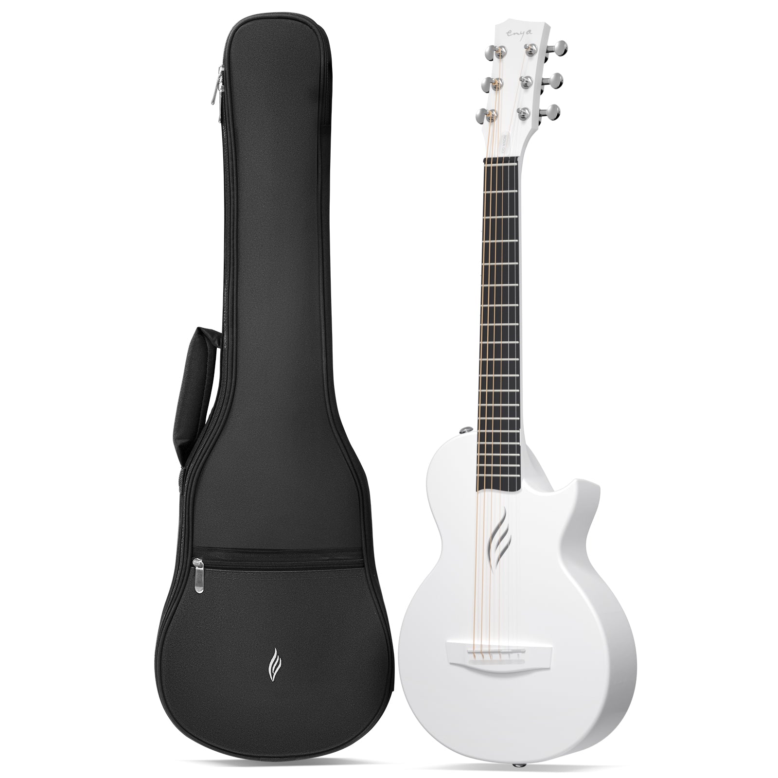 An ultra-lightweight and compact travel guitar, the Nova Go Mini, with a white satin finish and black diecast tuning machines, displayed alongside its black gig bag.