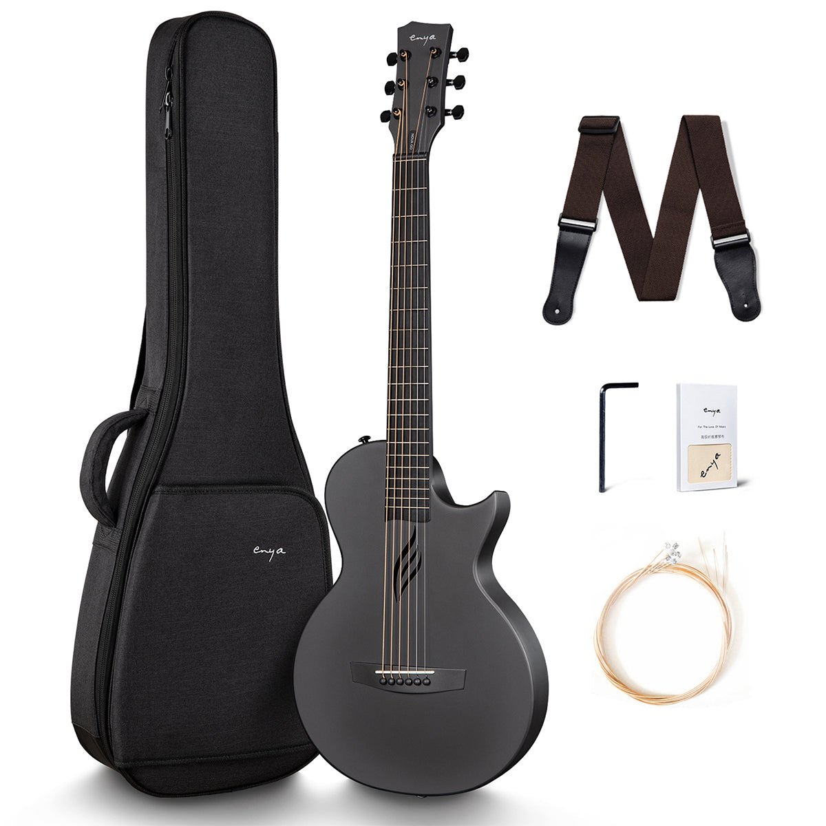 A carbon fiber acoustic guitar, Nova Go, in black color with a satin finish, displayed alongside its accessories which include a gig bag, a black guitar strap, a set of spare strings, a truss rod wrench, and a polishing cloth.