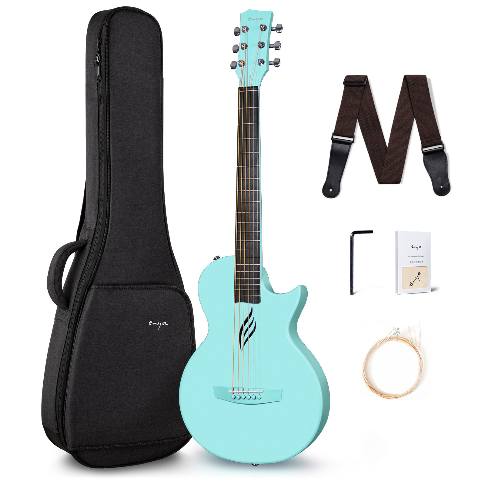 A carbon fiber acoustic guitar, Nova Go, in blue color with a satin finish, displayed alongside its accessories which include a gig bag, a black guitar strap, a set of spare strings, a truss rod wrench, and a polishing cloth.