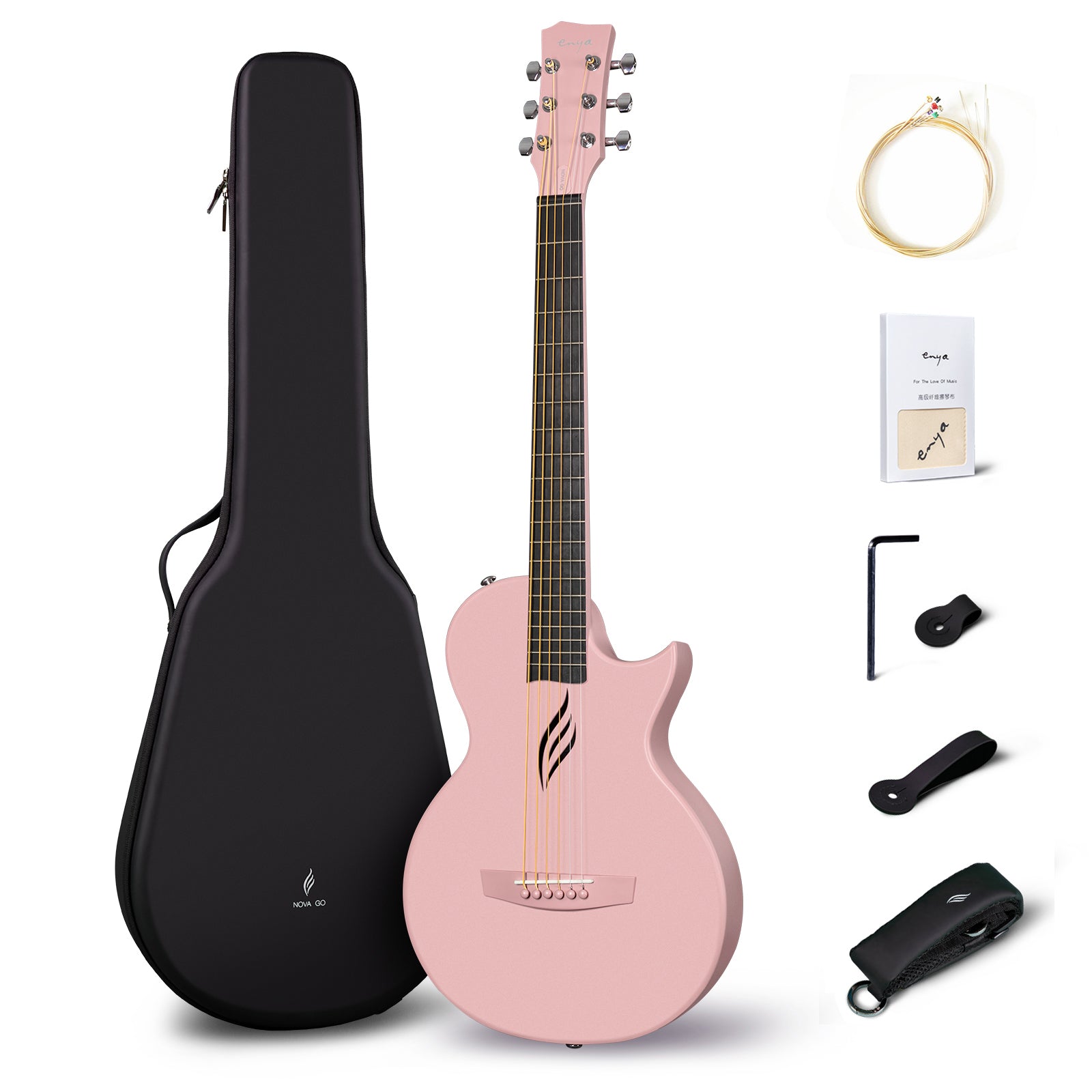 A carbon fiber acoustic guitar, Nova Go, in pink color with a satin finish, displayed alongside its accessories which include a gig bag, a black guitar strap, a set of spare strings, a truss rod wrench, and a polishing cloth.