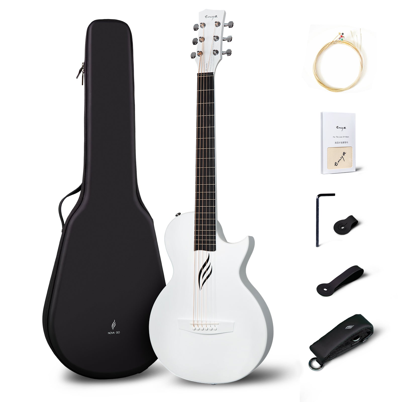A carbon fiber acoustic guitar, Nova Go, in white color with a satin finish, displayed alongside its accessories which include a gig bag, a black guitar strap, a set of spare strings, a truss rod wrench, and a polishing cloth.